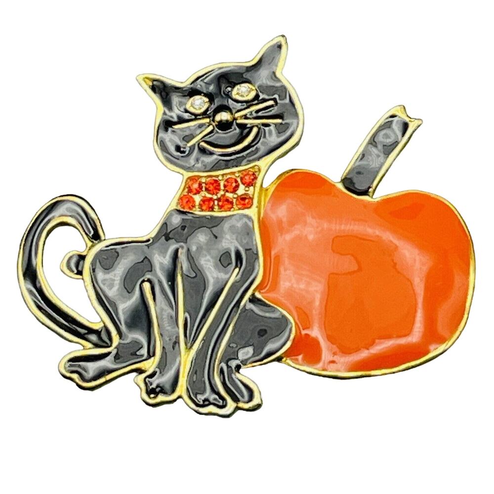 Halloween Black Cat Pumpkin Brooch Enameled Pin Gold Tone Costume Jewelry Autumn